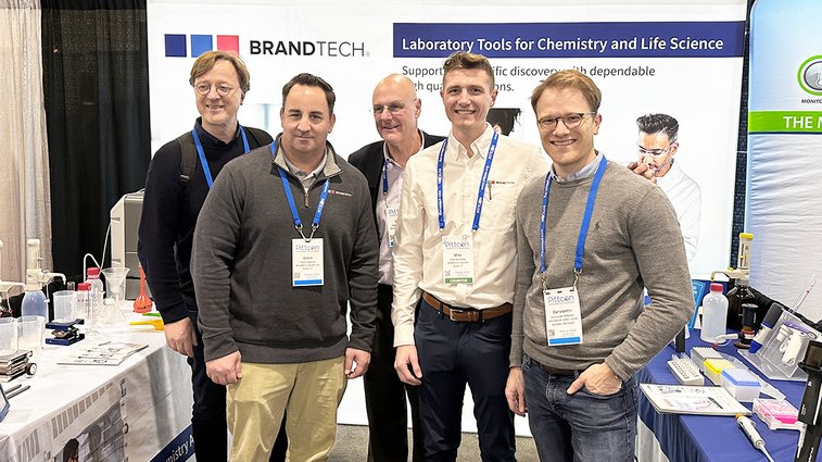 BrandTech Scientific and VACUUBRAND at the Pittcon conference and exhibition (left to right: Dr. Christoph Schöler, Glenn Erdman, Stephen Brinkmann, Mike Mesteller, Dr. Constantin Schöler)