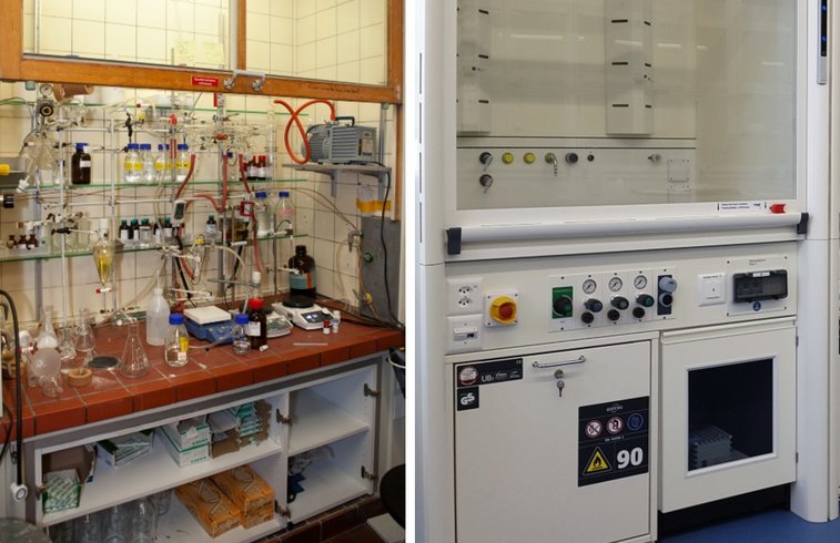 Placement of the vacuum pump formerly in the fume hood (left), now in the base cabinet (bottom right)