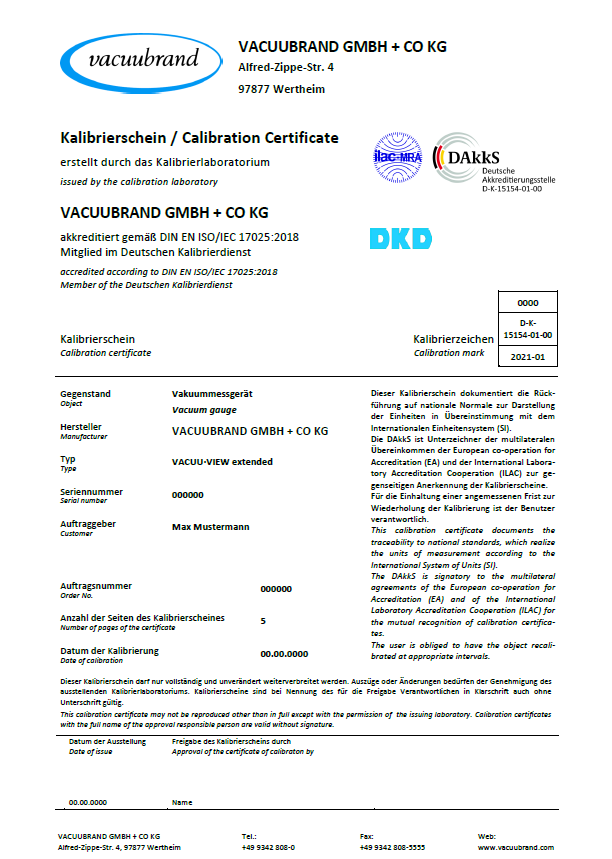 DAkkS calibration certificate with information on measurement results, procedures and performance