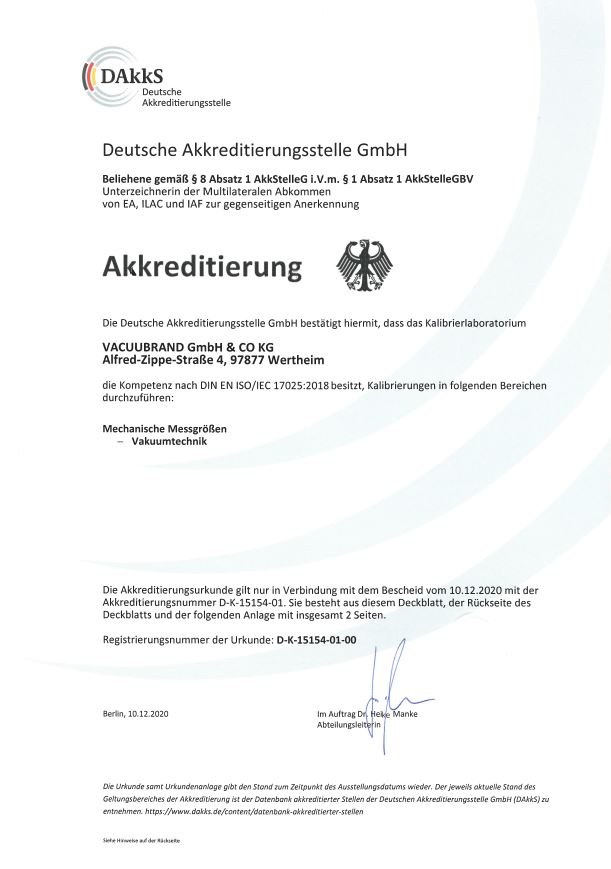 Latest accreditation certificate according to the standard DIN EIN ISO/IEC 17025:2018